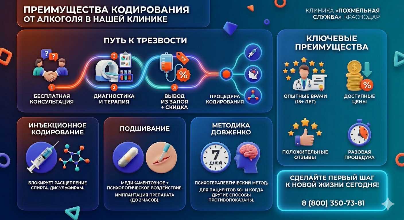 Инфографика о методах кодирования от алкоголя в Ялте: инъекции, подшивание, метод Довженко. Преимущества клиники и этапы лечения.